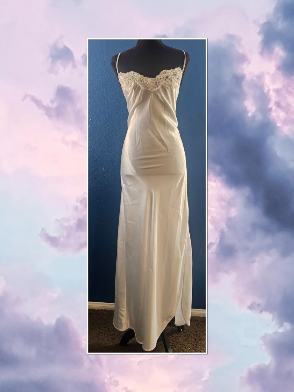 Vintage Frederick's of Hollywood Beaded Lace Satin Maxi Slip Dress